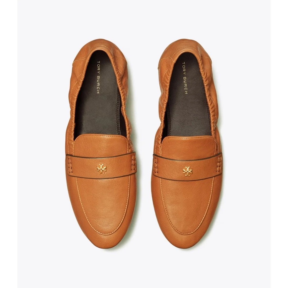 Tory Burch Ballet Loafers Tan Brown Leather Flats Gold Hardware 9.5 Quiet Luxury